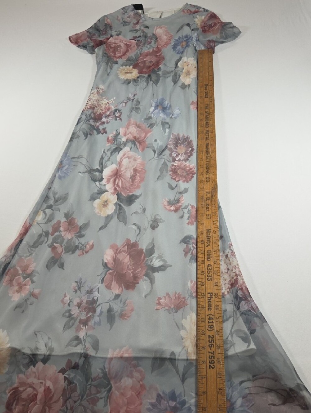 Vintage Floral Maxi Dress Dusty Blue Pink Blooms Sheer Overlay Stretch Bridal - Picture 3 of 9
